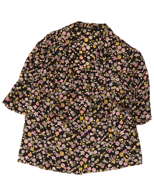 Vintage Womens 3/4 Sleeve Shirt Blouse UK 12 Medium Black Floral