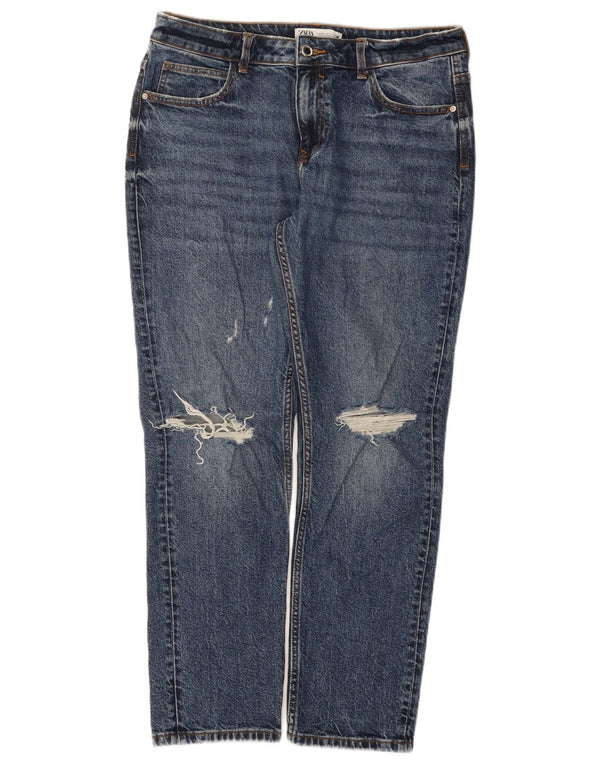Zara Dame Distressed Straight Jeans EU 40 Medium W30 L28 Blå Bomuld