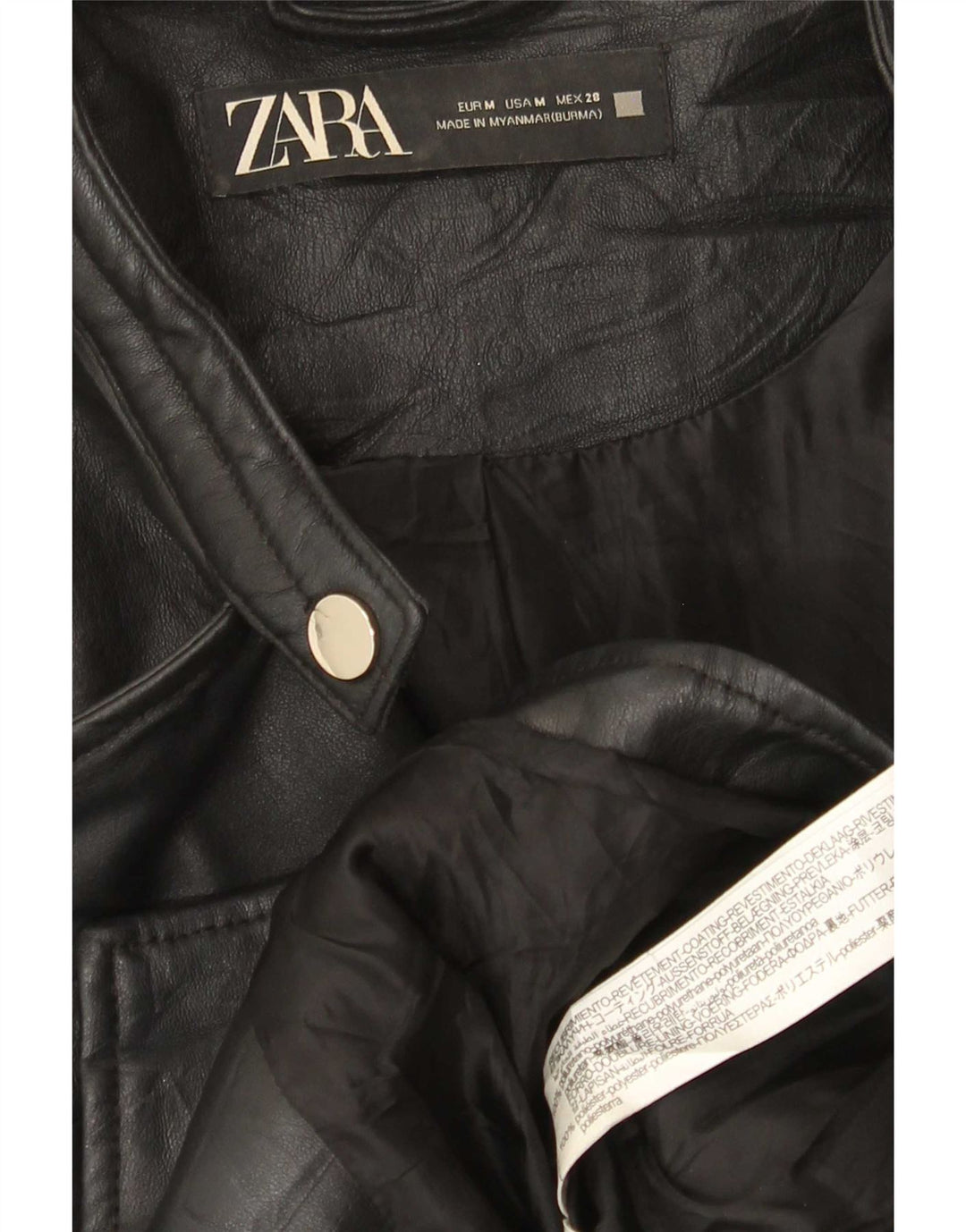 Zara Womens Crop Biker-jakke i imiteret læder UK 12 Medium Sort polyethylen