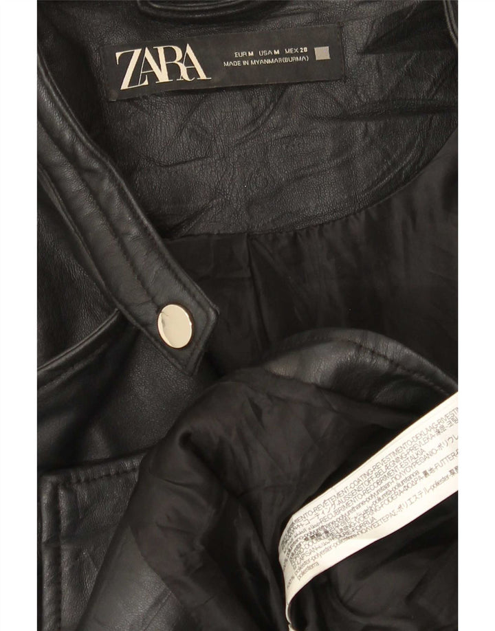 Zara Womens Crop Biker-jakke i imiteret læder UK 12 Medium Sort polyethylen