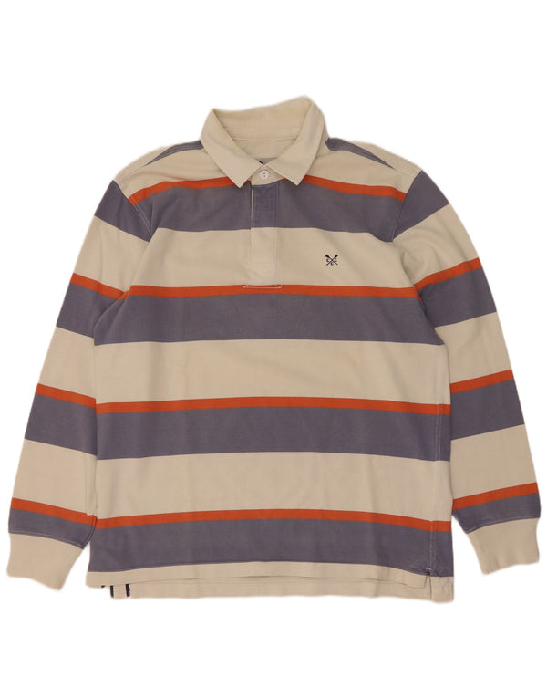 Crew Clothing Mens Long Sleeve Rugby Polo Shirt Large Beige Striped Cotton