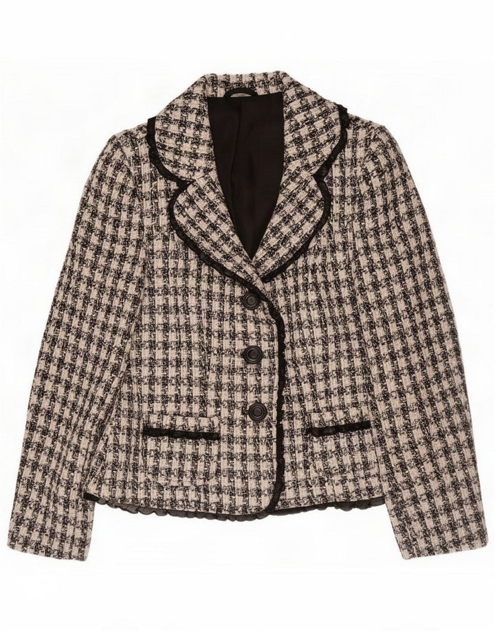 Giacca blazer vintage da donna a 3 bottoni UK 10 piccolo pied de poule nero
