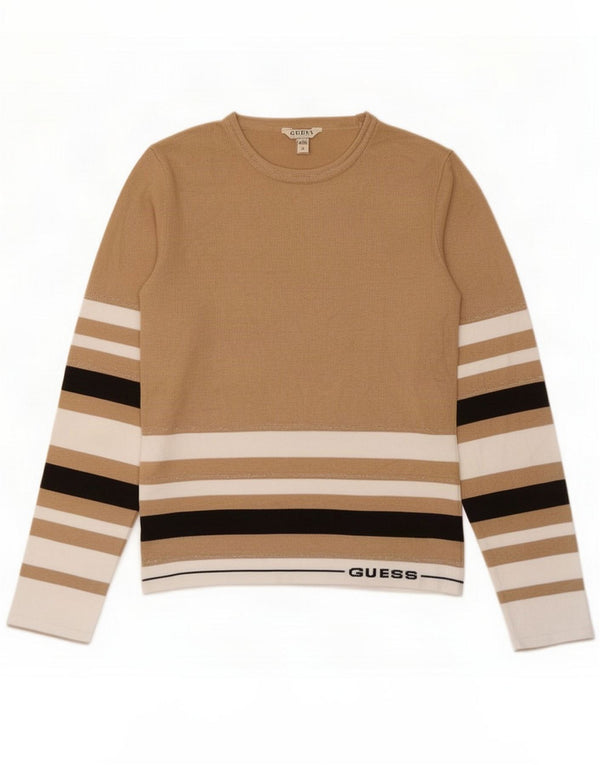 Guess Womens Graphic Top Long Sleeve UK 12 Medium Beige ριγέ βισκόζη