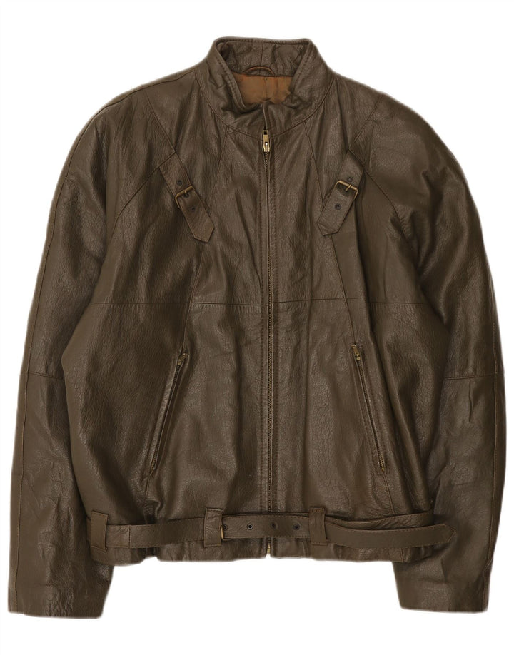 Vintage Mens Leather Jacket IT 50 Large Khaki Leather