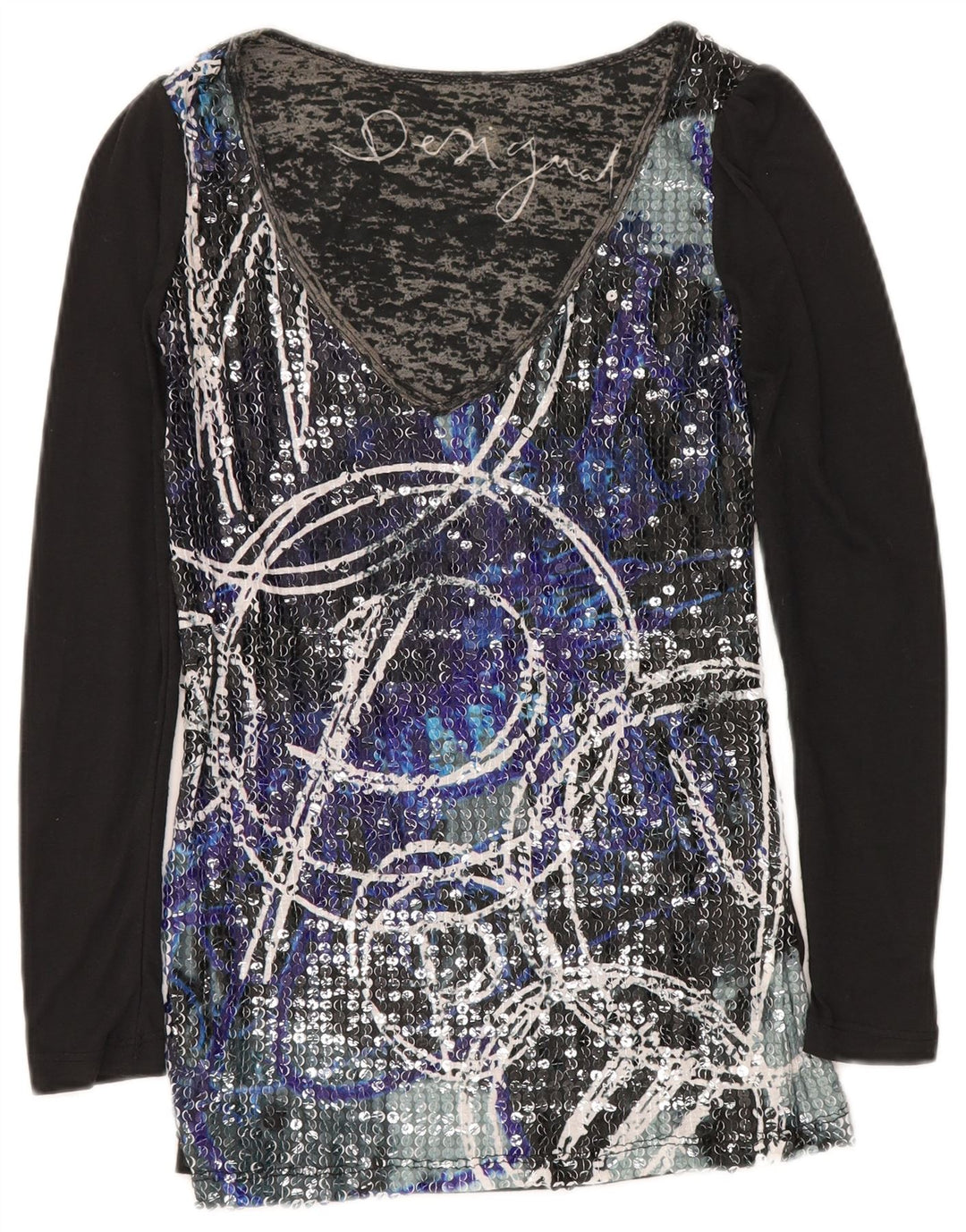 DESIGUAL Womens Graphic Top Long Sleeve UK 10 Small Black Polyester