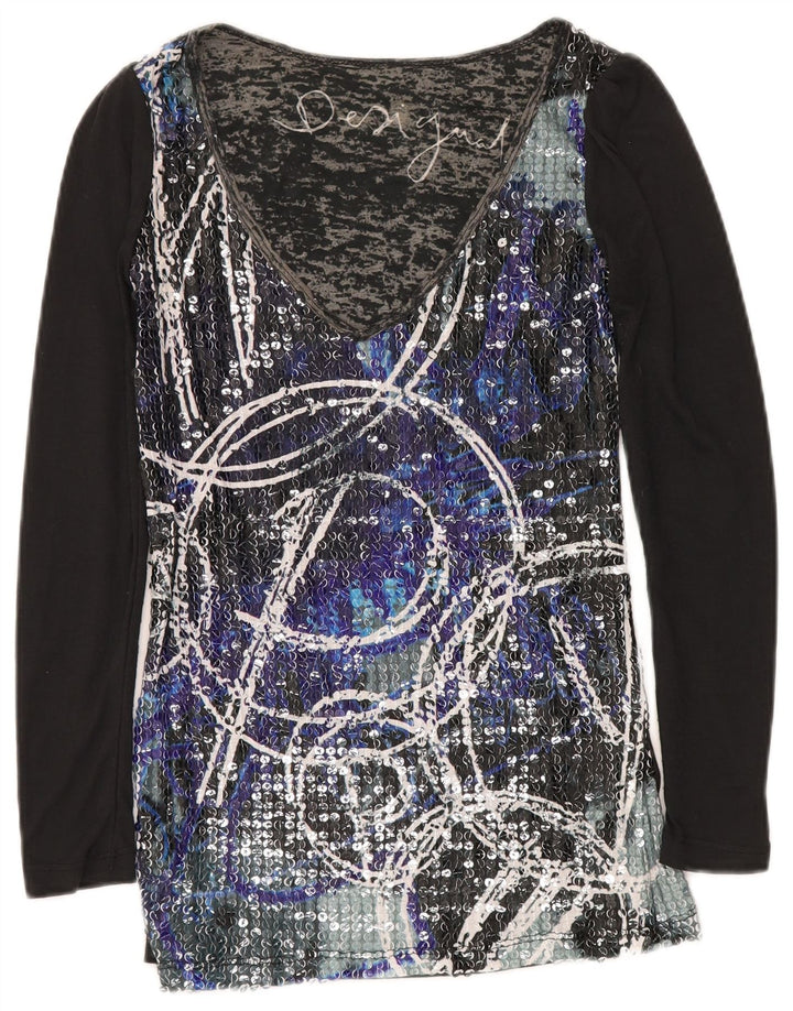 DESIGUAL Womens Graphic Top Long Sleeve UK 10 Small Black Polyester