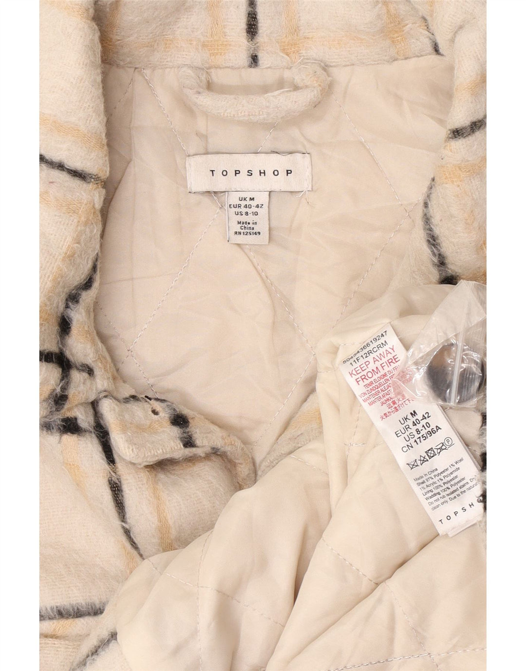 Topshop Womens Oversized Bomber Jacket UK 14 Medium Beige Check Polyester