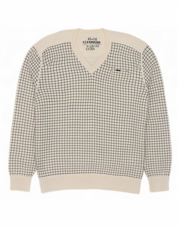 Jack & Jones Mens V-Neck Jumper Sweater XL White Check Cotton