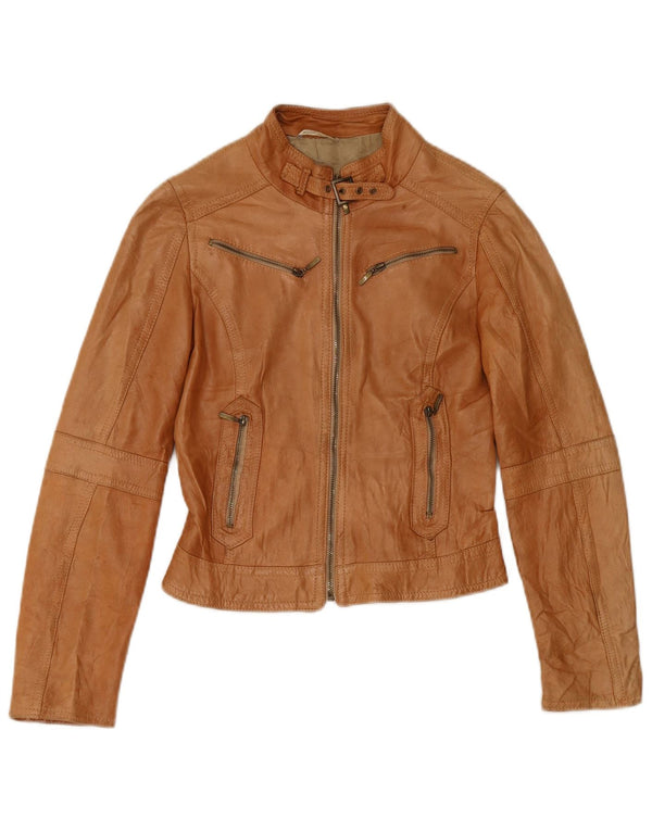 XETRA Womens Leather Biker Jacket UK 8 Small Beige