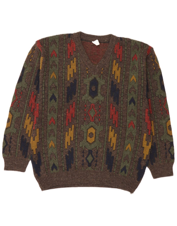 Vintage Mens V-Neck Jumper Sweater UK 38/40 Medium Khaki Geometric