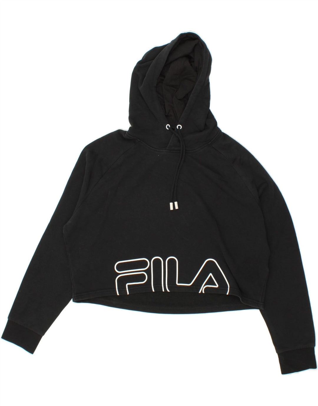 FILA Womens Oversized Crop Graphic Hoodie Jumper UK 14 Medium Black Vintage Fila and Second-Hand Fila from Messina Hembry 
