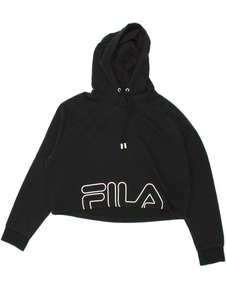 FILA Womens Oversized Crop Graphic Hoodie Jumper UK 14 Medium Black Vintage Fila and Second-Hand Fila from Messina Hembry 