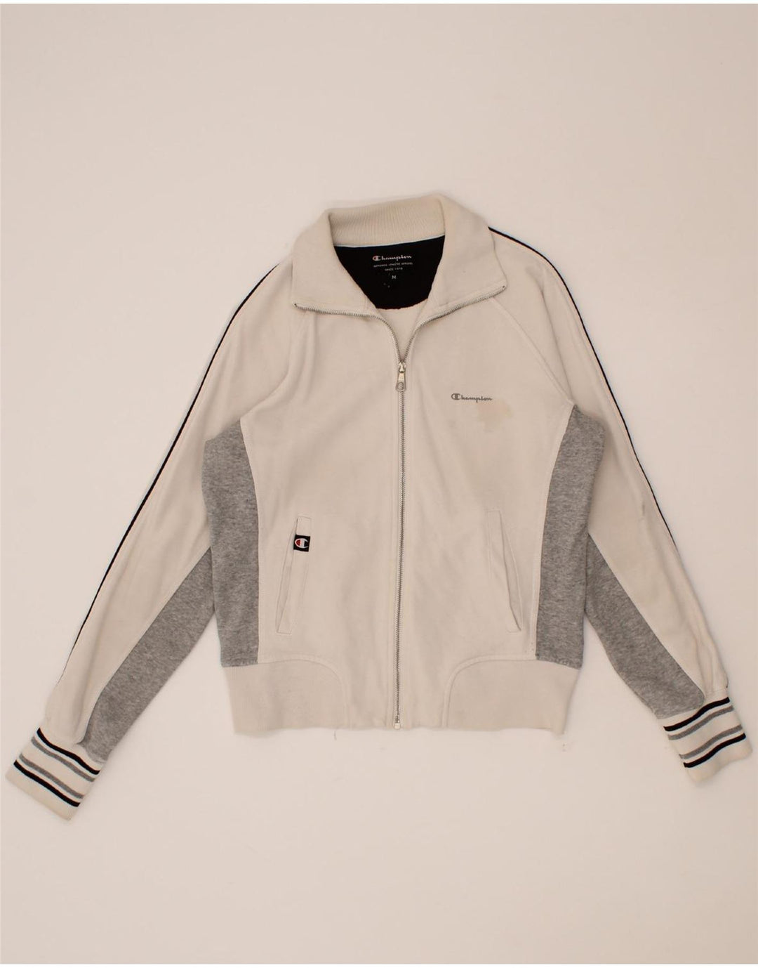 CHAMPION Womens Tracksuit Top Jacket UK 12 Medium Beige Colourblock Cotton Vintage Champion and Second-Hand Champion from Messina Hembry 