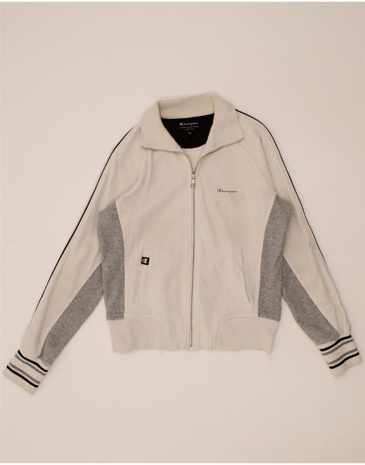 CHAMPION Womens Tracksuit Top Jacket UK 12 Medium Beige Colourblock Cotton Vintage Champion and Second-Hand Champion from Messina Hembry 