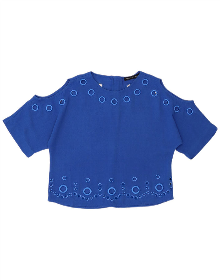 KAREN MILLEN Womens Oversized Crop Blouse Top UK 10 Small Blue Polyester