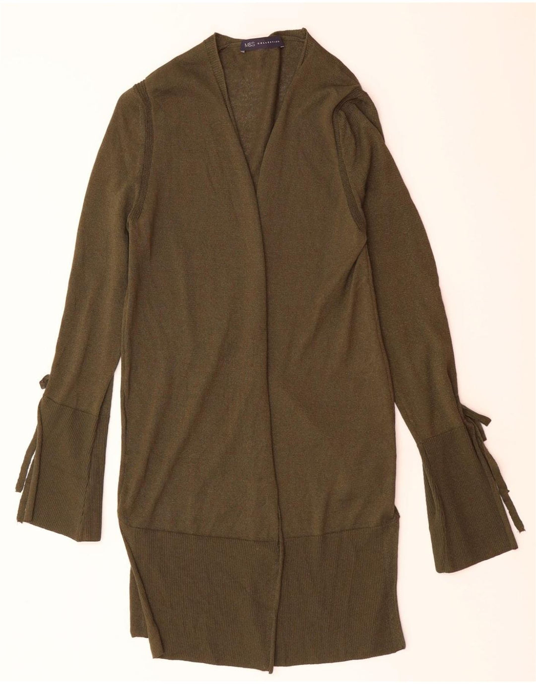 MARKS & SPENCER Womens Longline Open Cardigan Sweater UK 10 Small Khaki Vintage Marks & Spencer and Second-Hand Marks & Spencer from Messina Hembry 