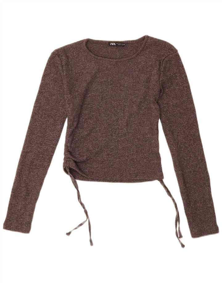 Zara Womens Long Sleeve Crop Top UK 12 Medium Brown Polyester