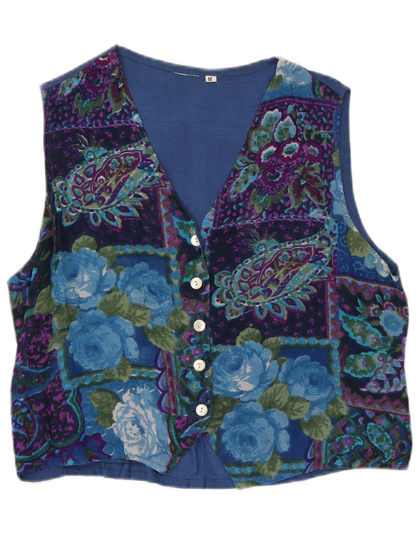 Vintage γυναικείο γιλέκο UK 14 Medium Blue Floral Viscose Retro