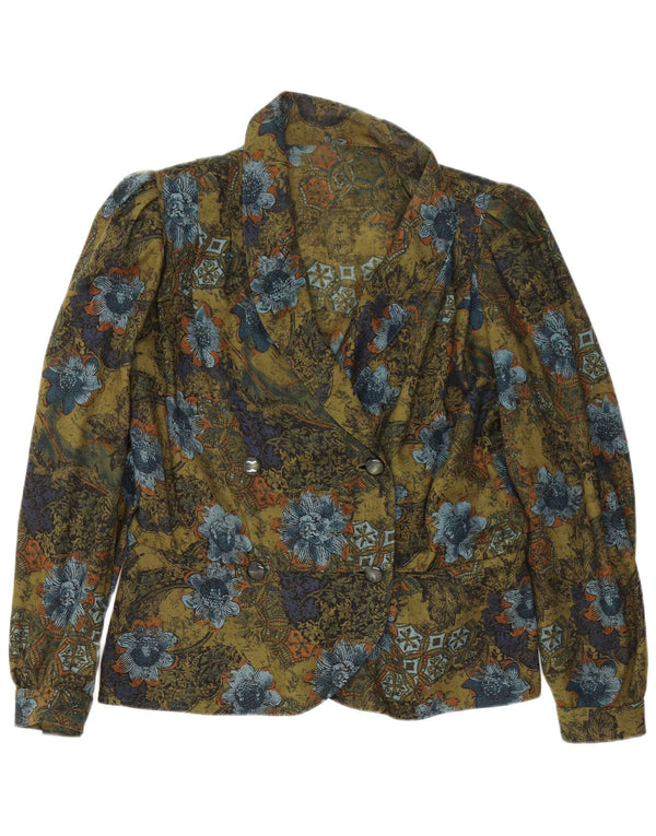 Vintage Womens Long Sleeve Cardigan Top UK 14 Large Green Floral Retro