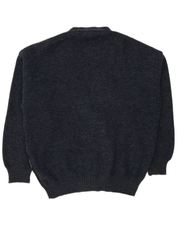 vintage Mens Loose Fit Cardigan Pull Grand Bleu Marine Fair Isle Acrylique