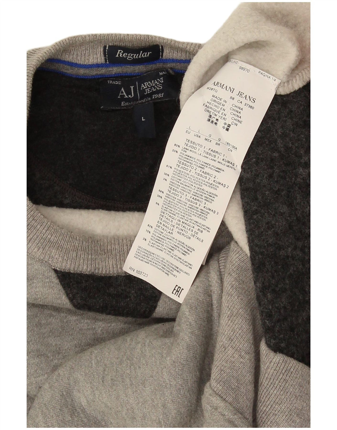 Armani Jeans Boys Sweatshirt Jumper 10-11 Years Large Grey Colourblock