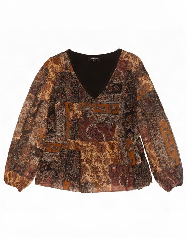 Blusa feminina de manga comprida Desigual UK 14 poliéster paisley marrom médio