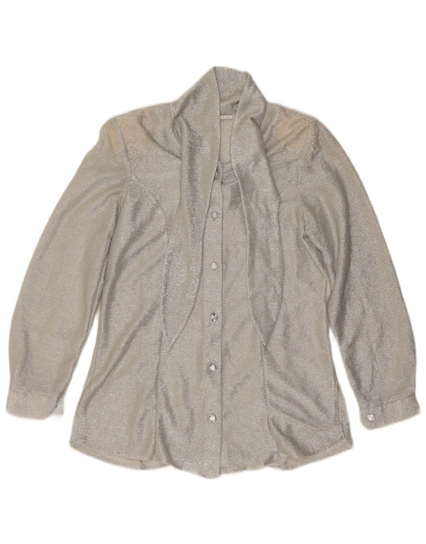 vintage Femme Front Tie Shirt Blouse UK 12 Moyen Argent Moucheté