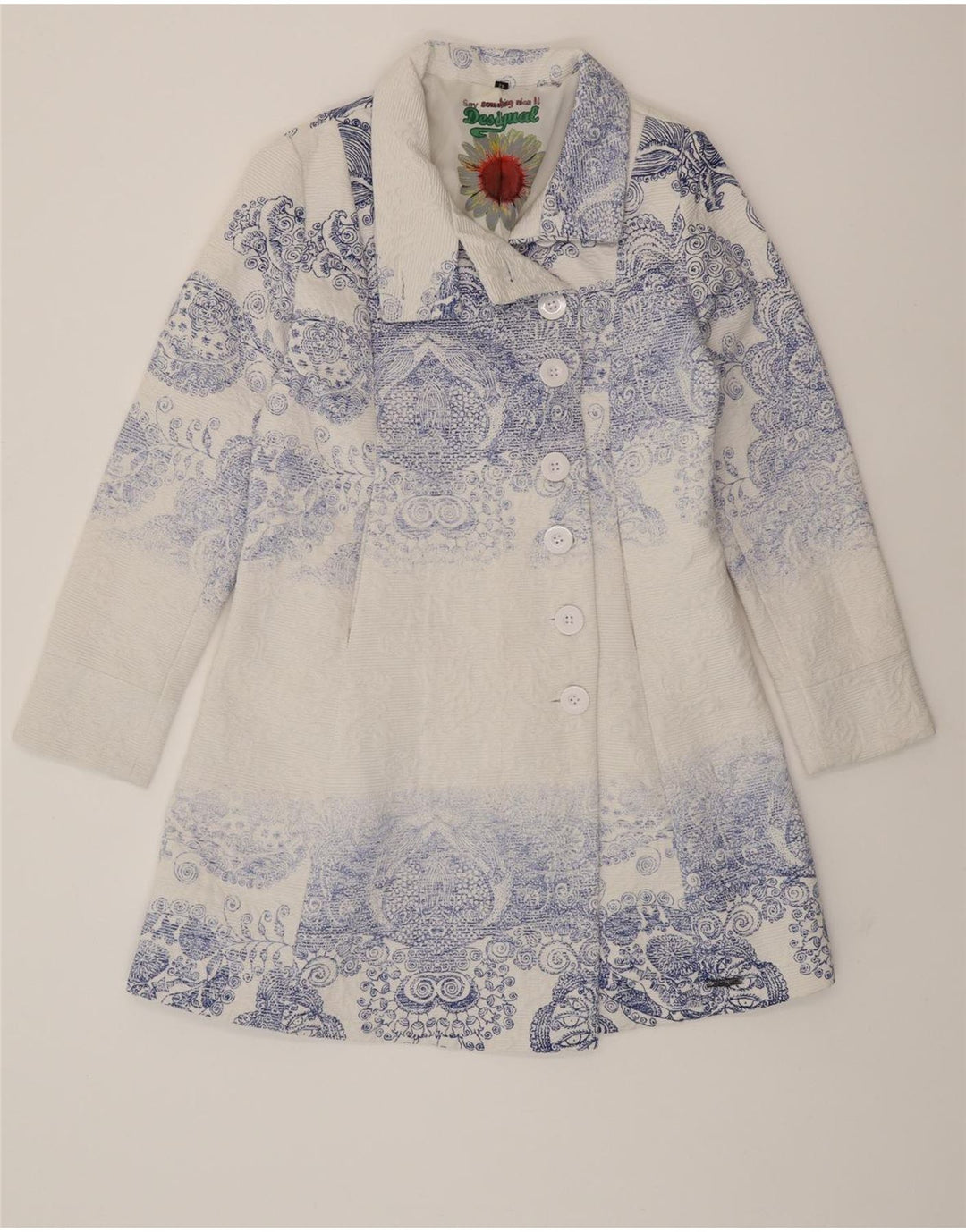 DESIGUAL Womens Overcoat EU 42 Large White Paisley Polyester Vintage Desigual and Second-Hand Desigual from Messina Hembry 