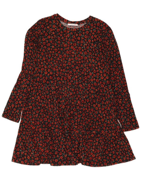 Zara Vestido Escalonado De Manga Larga para Mujer UK 42 Mediano Negro Floral