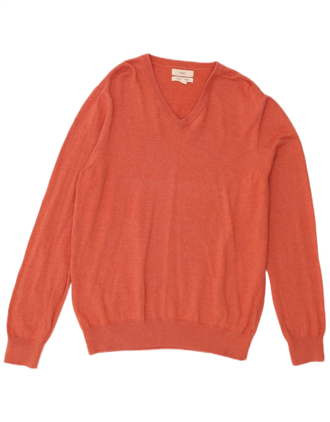 Marks & Spencer Mens V-Neck Jumper Sweater Large Orange Cotton