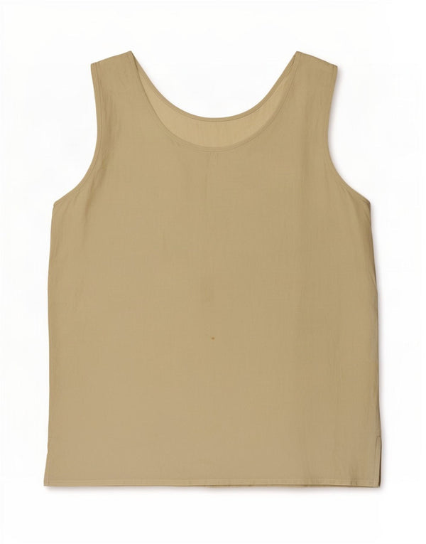 Top camicetta senza maniche vintage da donna UK 14 seta kaki media