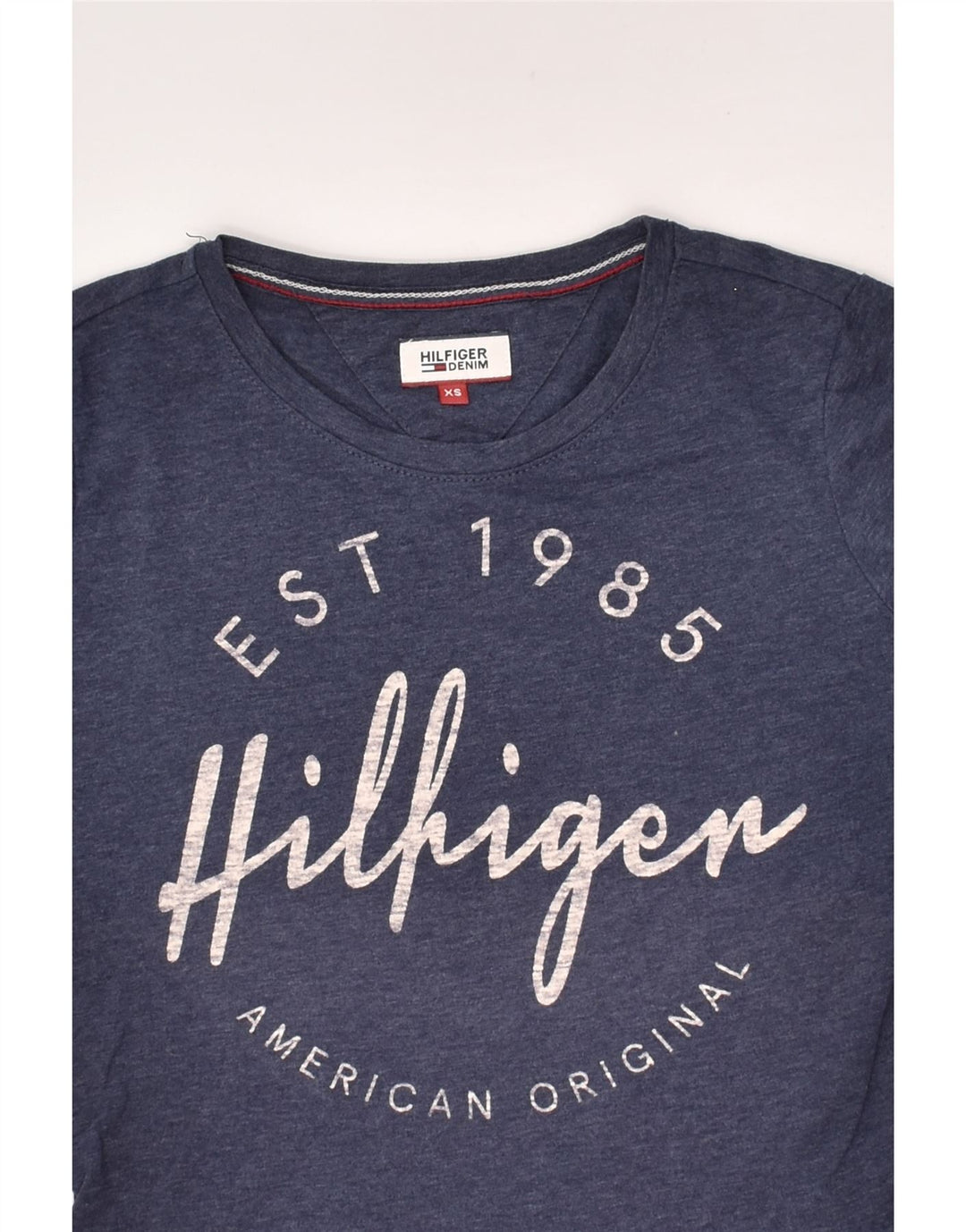 TOMMY HILFIGER Womens Graphic Top Long Sleeve UK 6 XS Navy Blue Cotton | Vintage Tommy Hilfiger | Thrift | Second-Hand Tommy Hilfiger | Used Clothing | Messina Hembry 