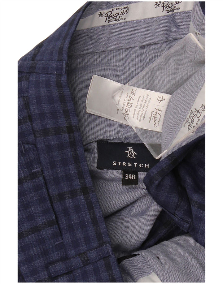 PENGUIN Mens Slim Chino Trousers W34 L30 Blue Plaid Polyester