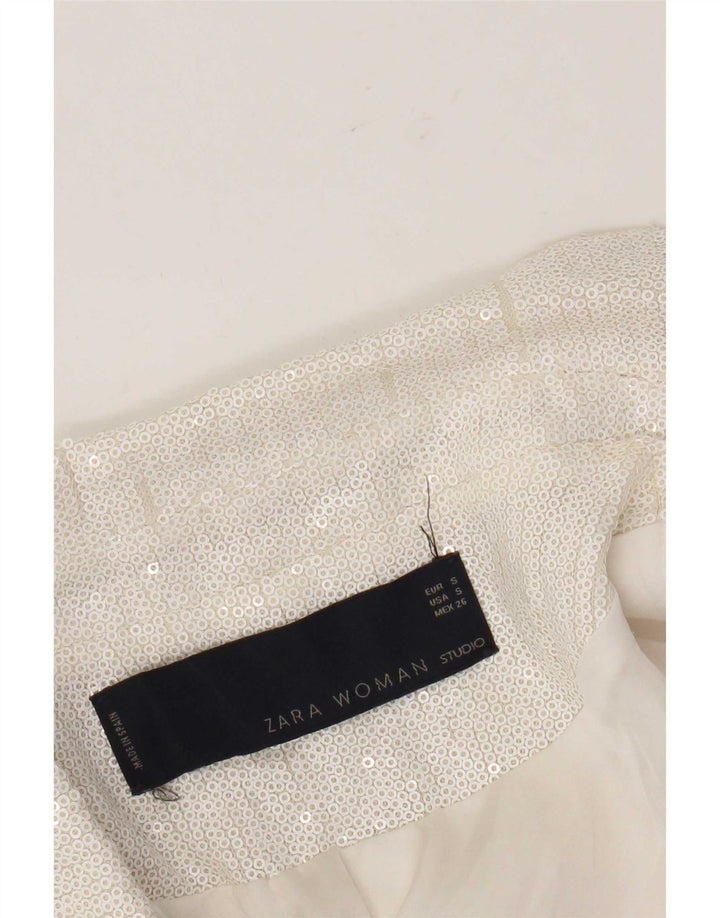 Blazer pentru femei Zara, cu 1 nasture, cu paiete, UK 10 Mic, alb