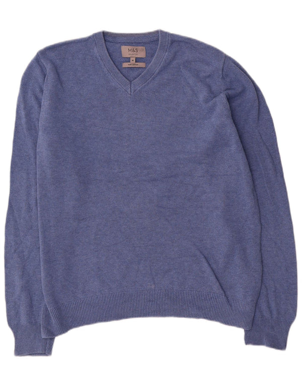 Marks & Spencer Mens V-Neck Jumper Sweater Medium Blue Cotton