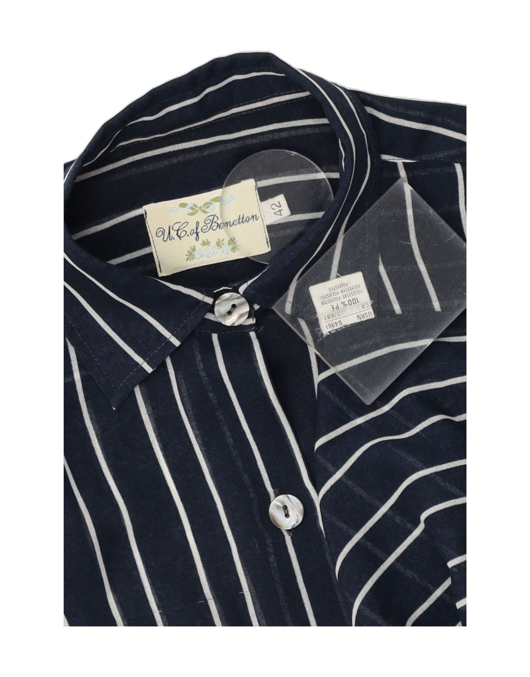 BENETTON Womens Oversized Shirt IT 42 Medium Navy Blue Pinstripe Polyester Vintage Benetton and Second-Hand Benetton from Messina Hembry 