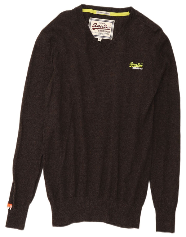 Superdry Mens V-Neck Jumper Sweater Large Brown Cotton
