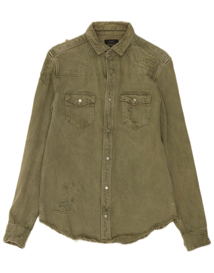 ZARA Mens Distressed Relaxed Fit Denim Shirt Small Khaki Cotton
