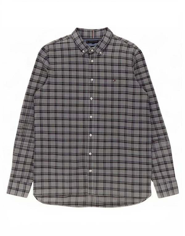 Tommy Hilfiger Camisa de franela ajustada para hombre 2XL Algodón a cuadros gris