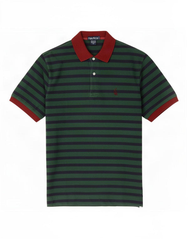 Nautica Mens Rugby Polo Shirt Small Green Striped Cotton