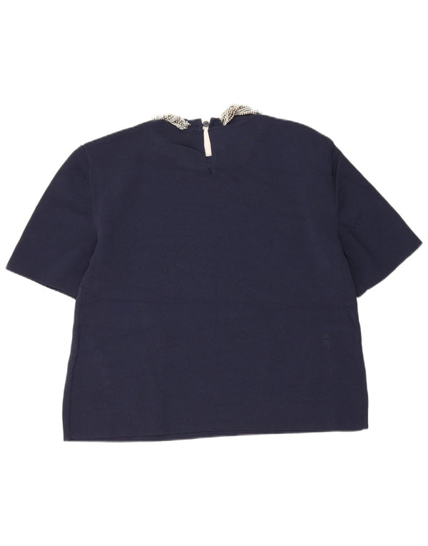 Zara Womens Crop Blouse Top UK 12 Medium Navy Blue Viscose