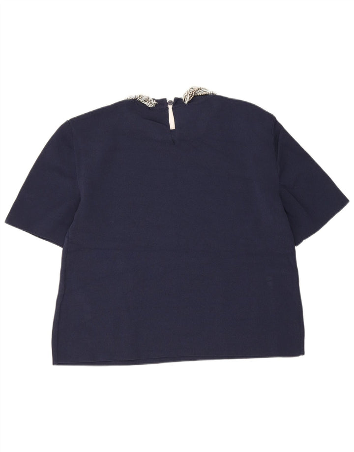 Zara Womens Crop Blouse Top UK 12 Medium Navy Blue Viscose