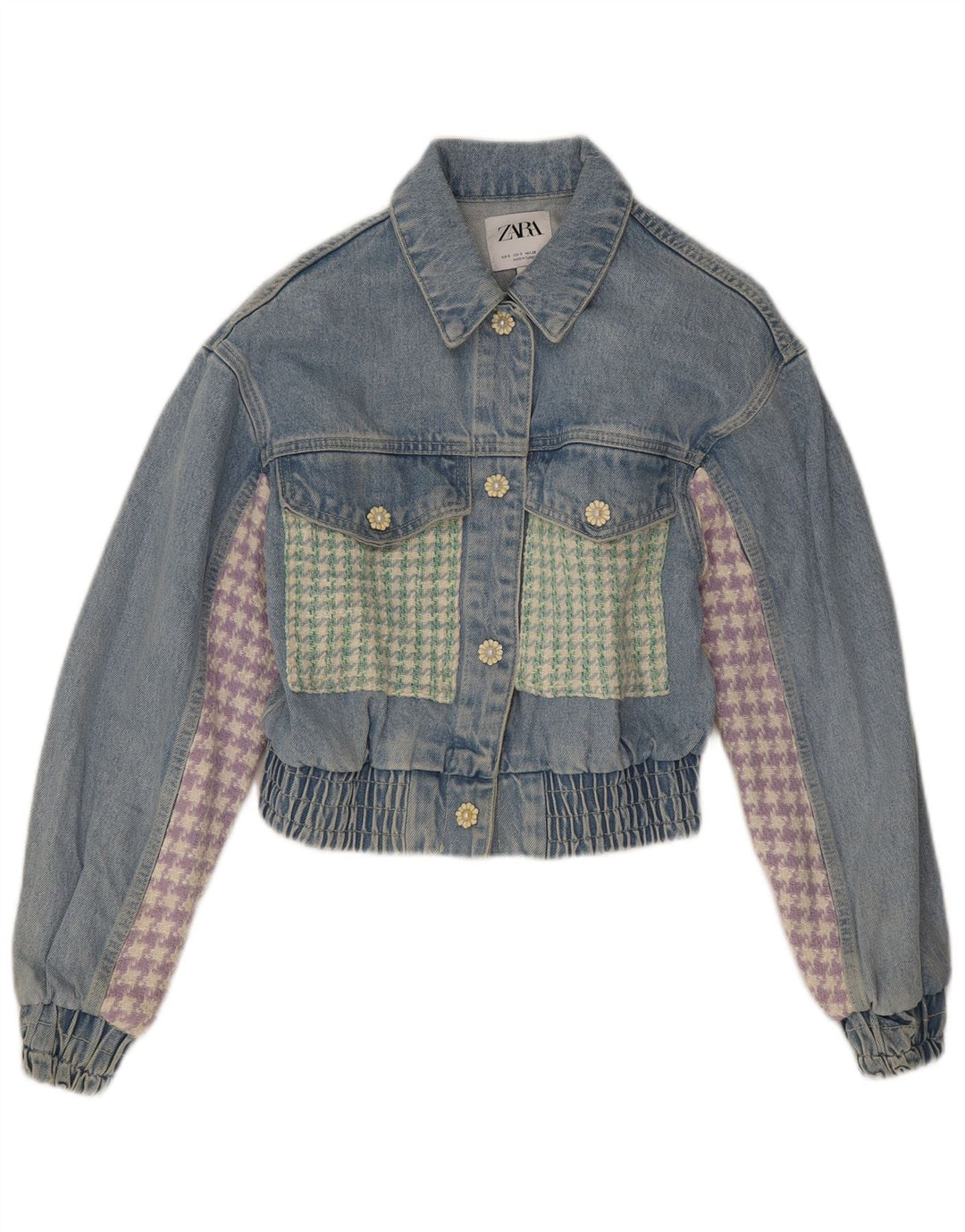 Zara Damen Crop Denim Jacke UK 10 Small Blue Patchwork
