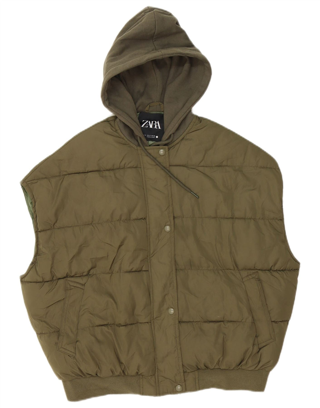 Zara Womens Hooded Oversized Padded Gilet UK 10 Small Khaki Polyester