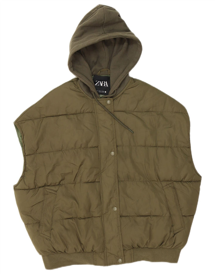 Zara Womens Hooded Oversized Padded Gilet UK 10 Small Khaki Polyester