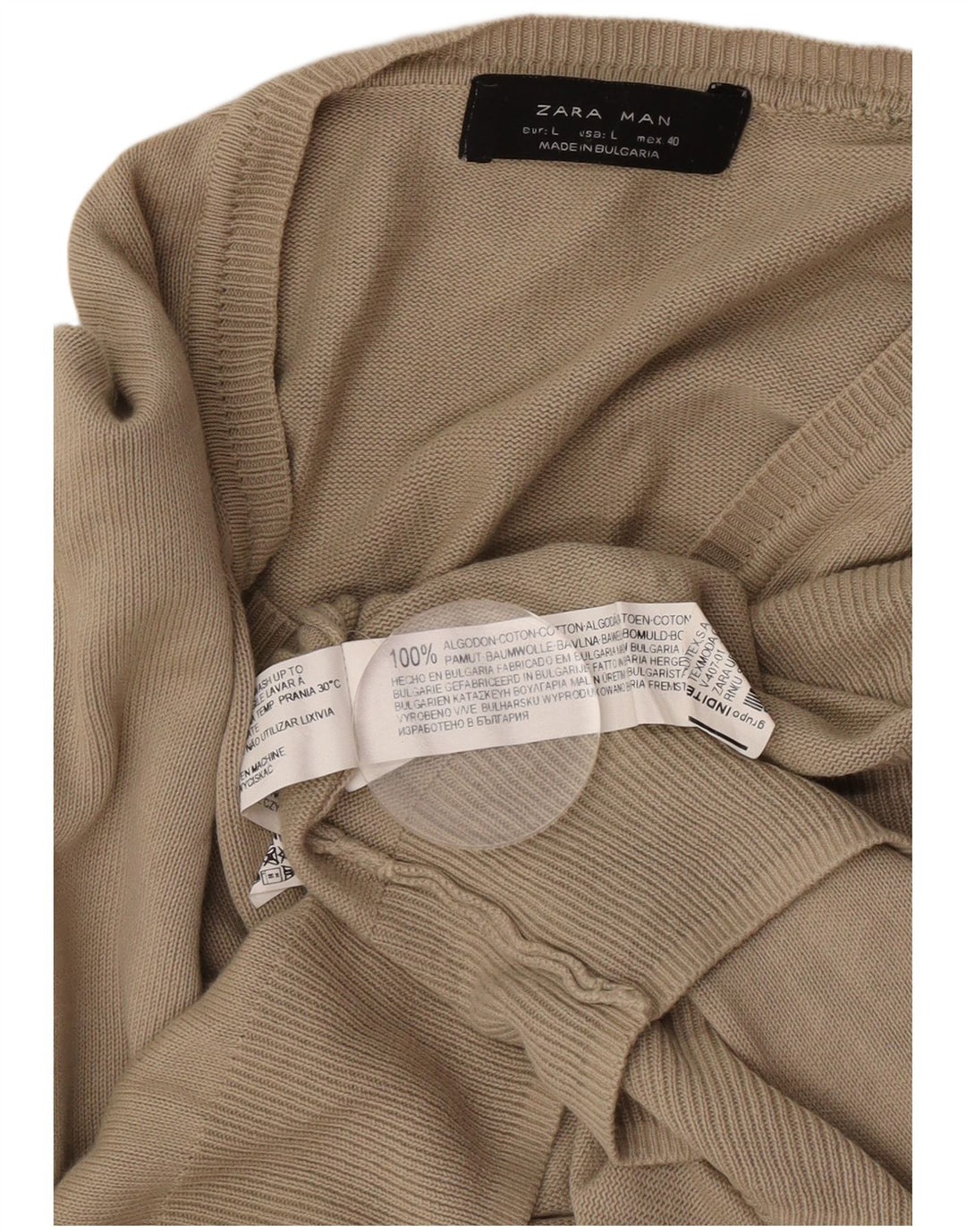 Zara Mens V-Neck Jumper Sweater Large Brown Cotton