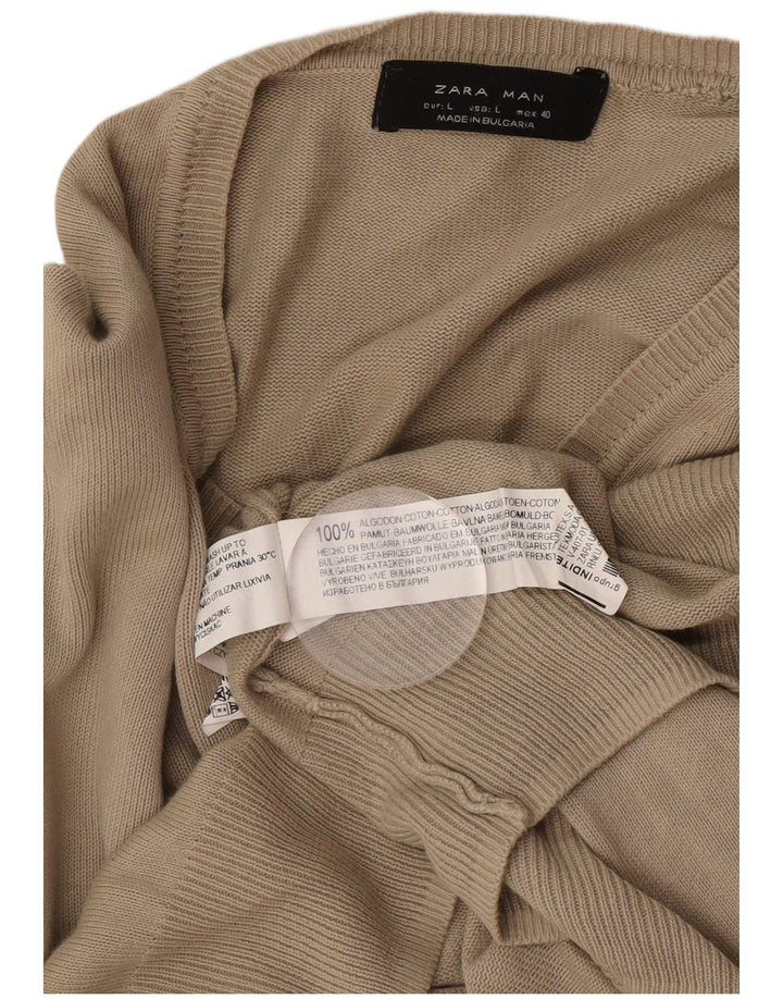 Zara Mens V-Neck Jumper Sweater Large Brown Cotton