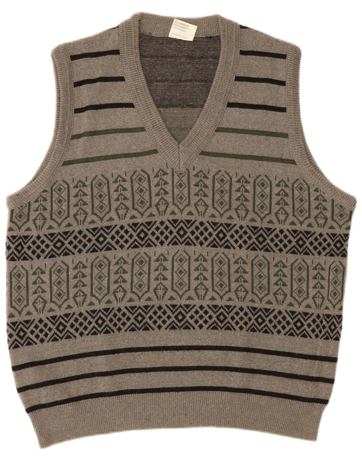 Vintage Mens Vest Tank Top Large Grey Geometric Cotton