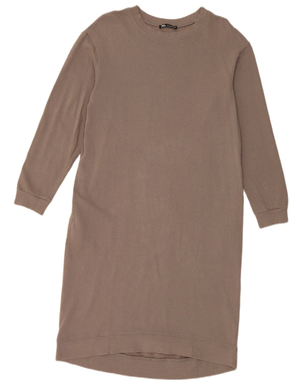 Zara Mujer Vestido Jersey De Manga Larga UK 40 Small Gris Algodón