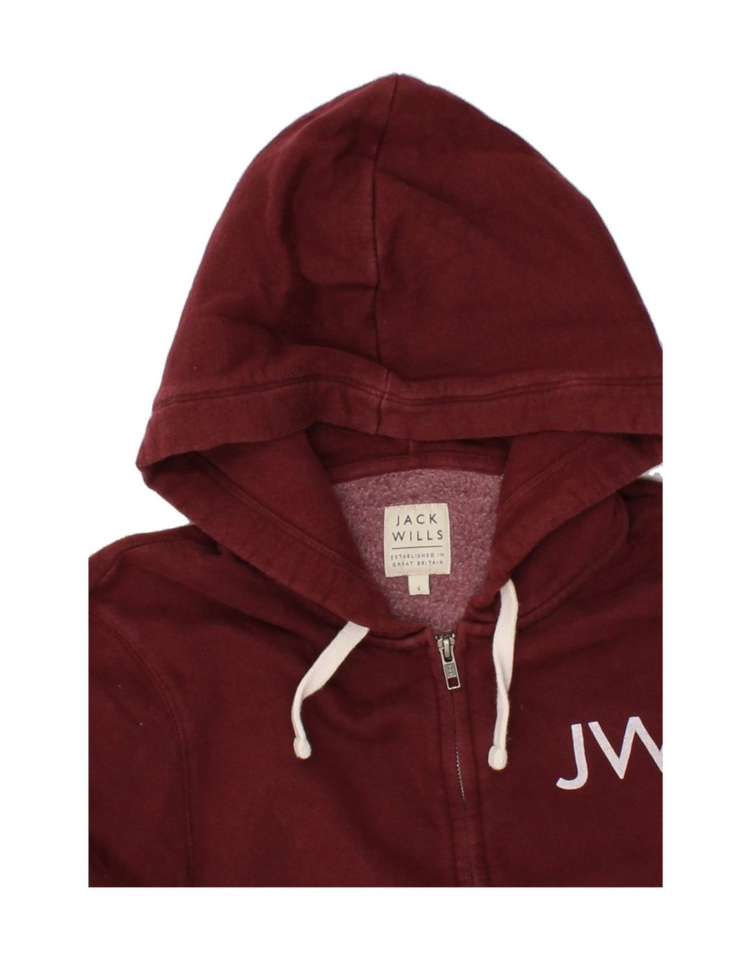 JACK WILLS Mens Graphic Zip Hoodie Sweater Small Maroon Cotton Vintage Jack Wills and Second-Hand Jack Wills from Messina Hembry 